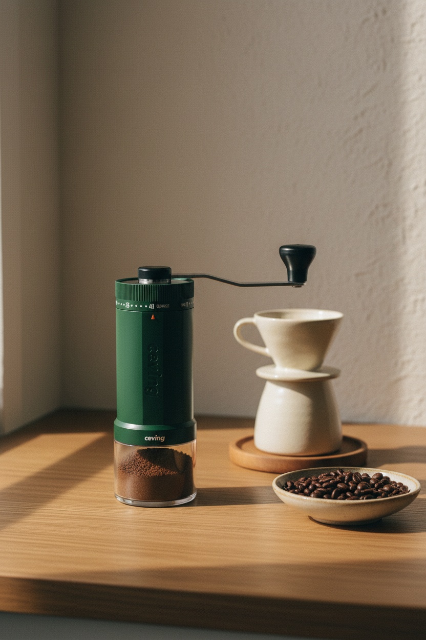 World's First 60g Large Capacity Manual Coffee Grinder, styled for the Nearfield coffee bar
